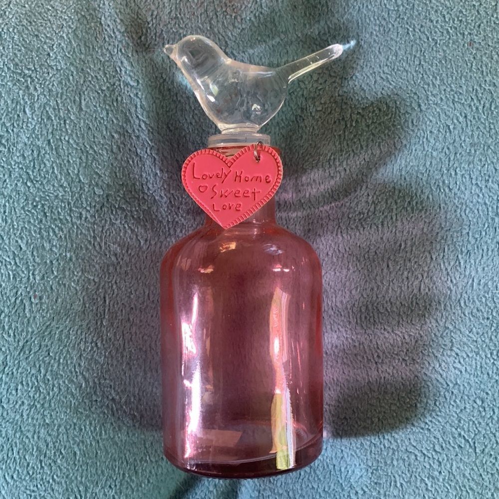 Pink Glass Bottle With Bird Stopper 7” Decor